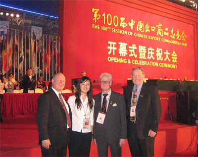 Chairman Stuart Ferguson, Honorary Life Member Victor Percival and Executive Director David Catty with Winnie Wei of China Foreign Trade Centre at the Opening Ceremony of the 100th Canton Fair